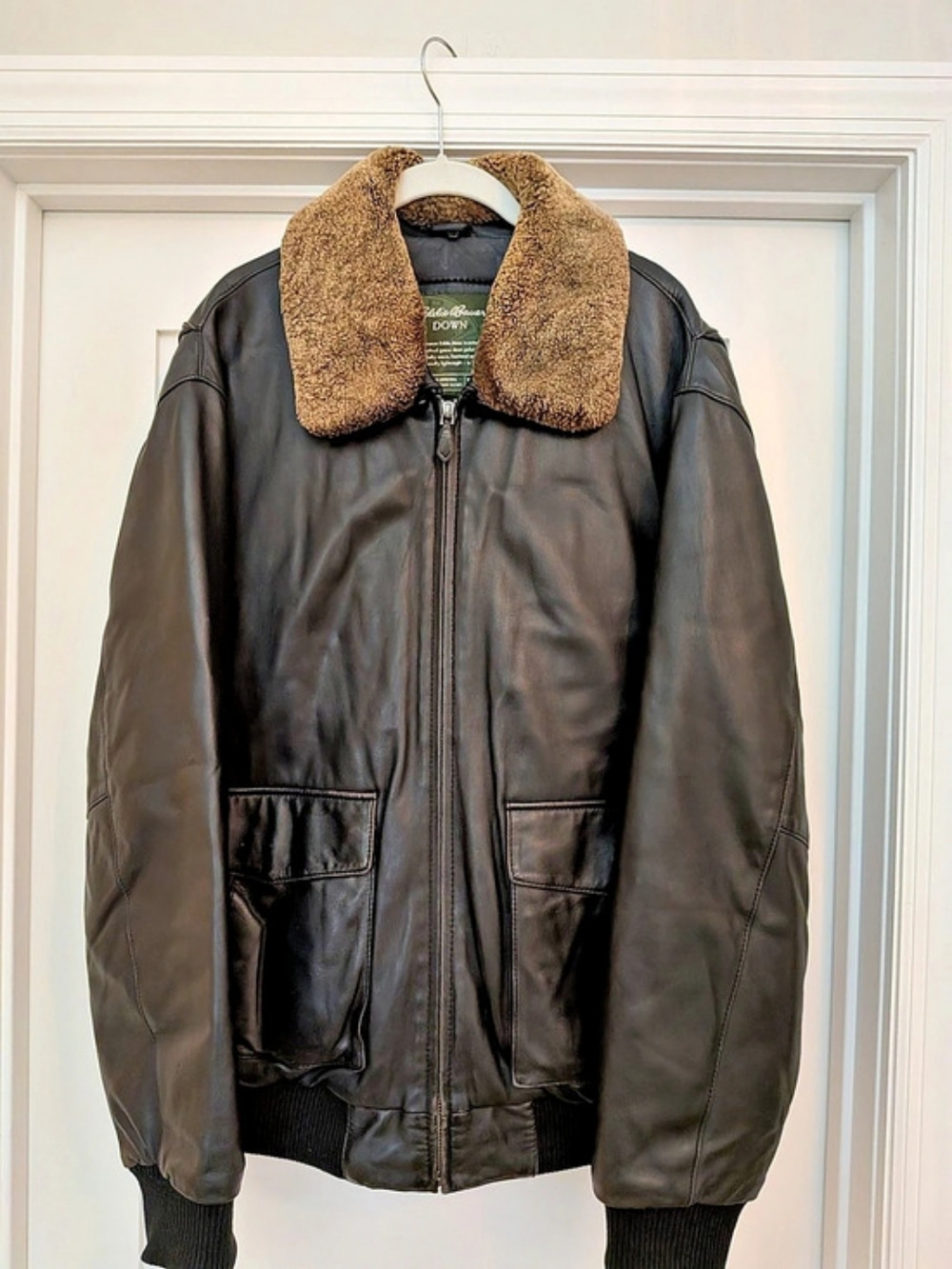 Vintage Eddie Bauer Leather Down Bomber Jacket Shearling Collar Black XL